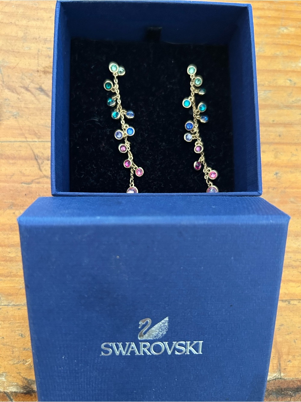 Swarovski Gema Gold-Tone Multi-Color Crystal Drop Chain Earrings with Box. NWT